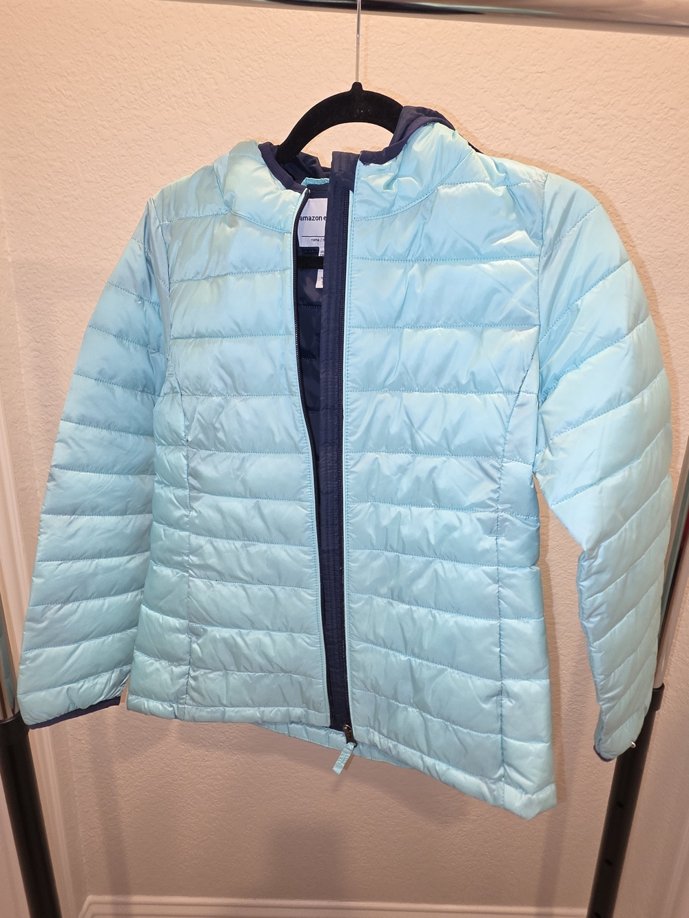 Amazon Essentials Light Blue Quilted Kids Puffer Jacket with Navy Trim